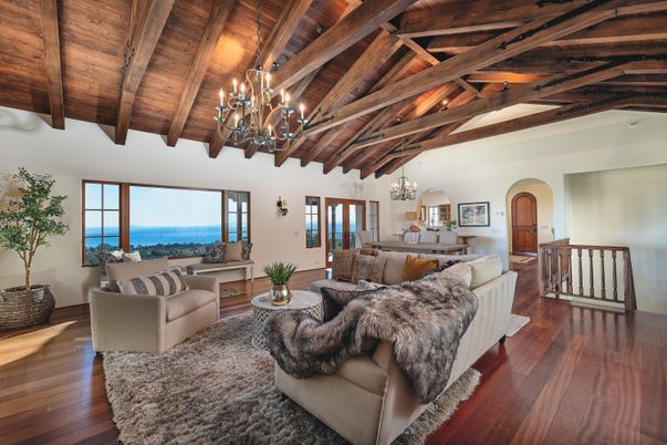 Chandelier, Dining room, Interior, Living room, Water, Wooden Beams, Wooden Ceilings, Wood Texture Flooring