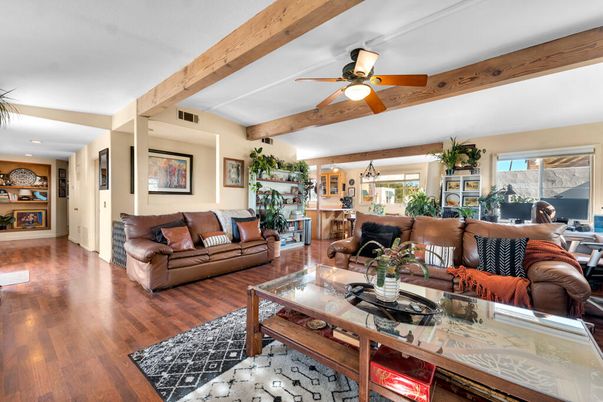 Interior, Living room, Recessed Lighting, Wooden Beams, Wood Texture Flooring