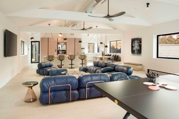 Game Room, Interior, Living room, Pendant Lights, Wood Texture Flooring