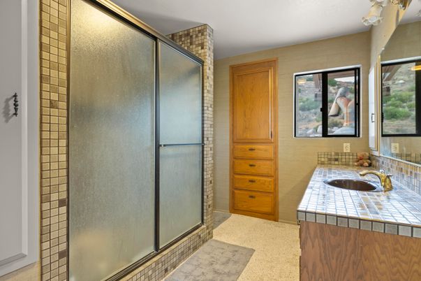 Bathroom, Glass Shower, Interior, Tile Countertops