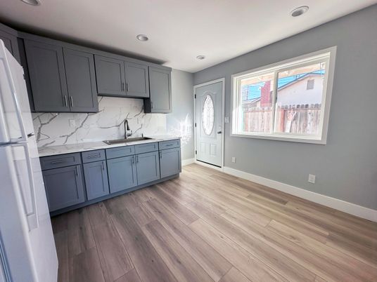 Interior, Kitchen, Marble Walls, Recessed Lighting, Wood Texture Flooring