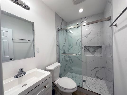 Bathroom, Glass Shower, Interior, Marble Walls, Recessed Lighting