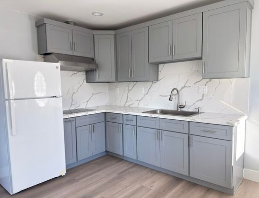 Interior, Kitchen, Marble Walls, Recessed Lighting, Wood Texture Flooring