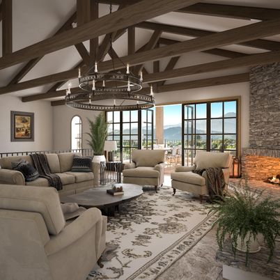 Chandelier, Fireplace, Interior, Living room, Stone Walls, Wooden Beams
