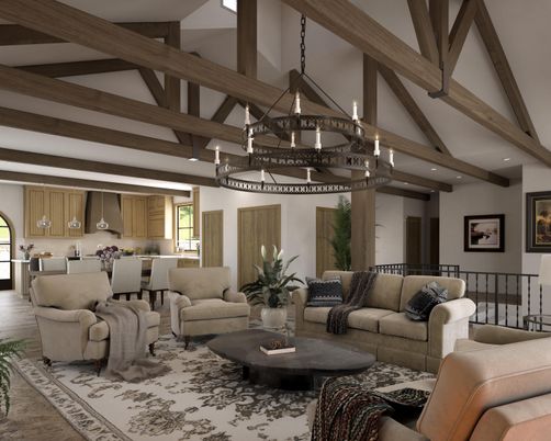 Chandelier, Dining room, Interior, Kitchen, Living room, Pendant Lights, Recessed Lighting, Wooden Beams