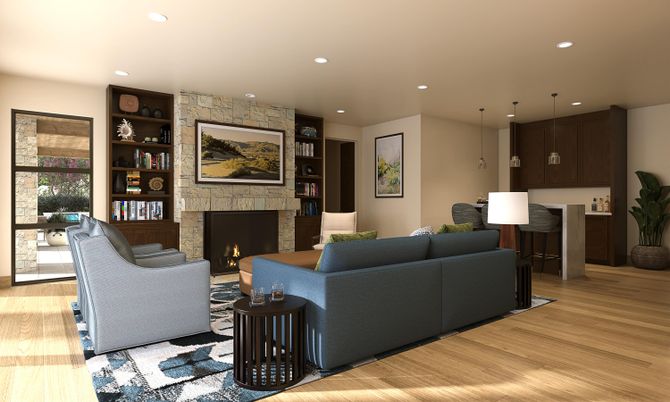 Fireplace, Interior, Living room, Pendant Lights, Recessed Lighting, Stone Walls, Wood Texture Flooring