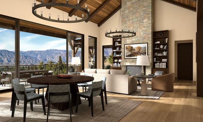 Dining room, Fireplace, Interior, Living room, Pendant Lights, Wooden Beams, Wooden Ceilings, Wood Texture Flooring