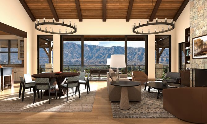Dining room, Fireplace, Interior, Living room, Pendant Lights, Wooden Beams, Wooden Ceilings, Wood Texture Flooring