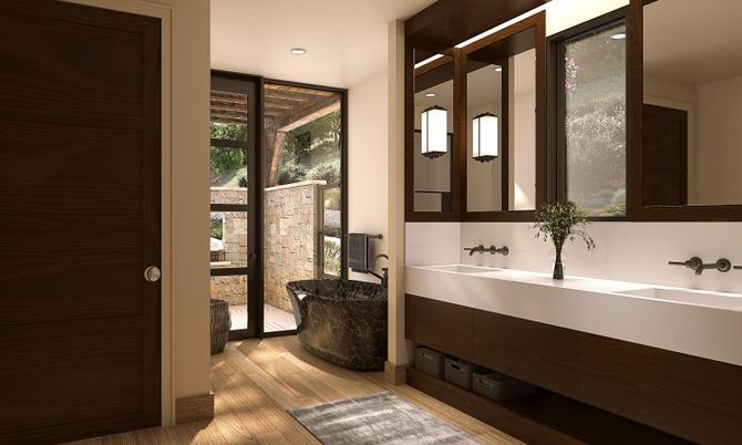 Bathroom, Dual Sink Vanities, Free Standing Baths, Interior, Recessed Lighting, Wood Texture Flooring