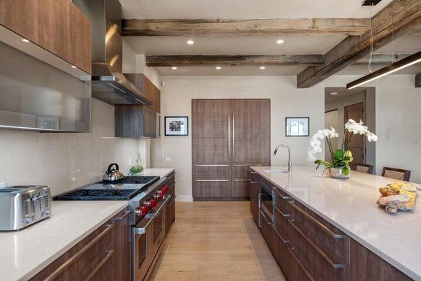 Interior, Kitchen, Recessed Lighting, Stainless Steel Appliances, Wooden Beams, Wood Texture Flooring