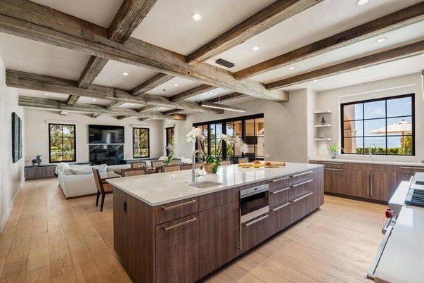 Interior, Kitchen, Living room, Recessed Lighting, Wooden Beams, Wood Texture Flooring