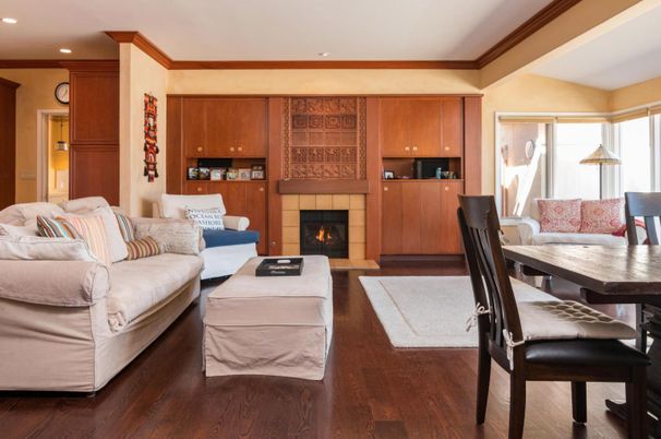Dining room, Fireplace, Interior, Living room, Recessed Lighting, Wood Texture Flooring