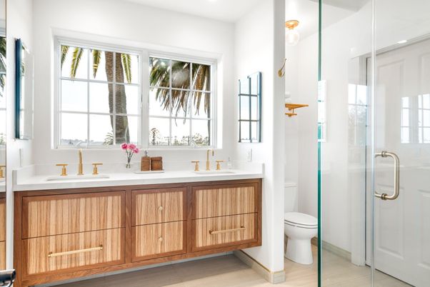 Bathroom, Dual Sink Vanities, Glass Shower, Interior, Recessed Lighting, Wood Texture Flooring