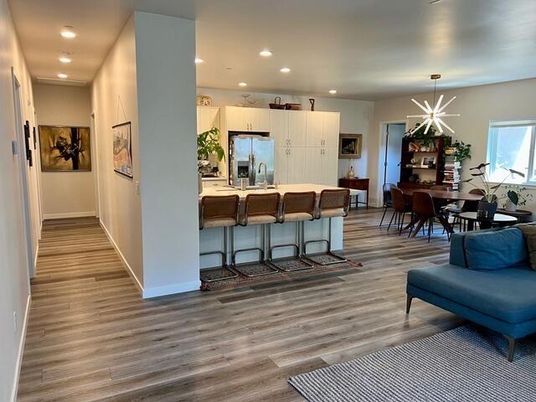 Dining room, Interior, Kitchen, Pendant Lights, Recessed Lighting, Wood Texture Flooring