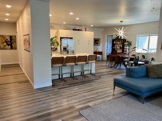 Dining room, Interior, Kitchen, Pendant Lights, Recessed Lighting, Wood Texture Flooring