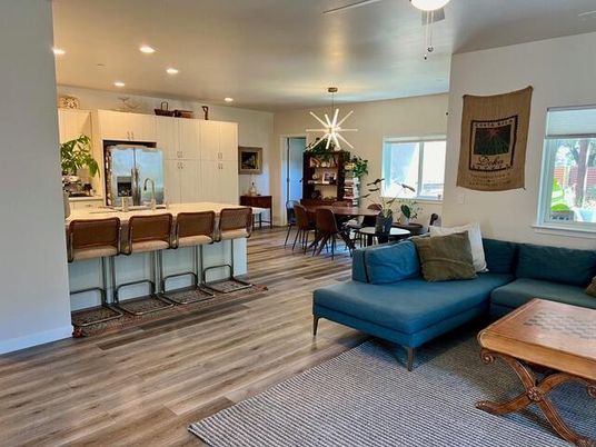 Dining room, Interior, Kitchen, Living room, Pendant Lights, Recessed Lighting, Stainless Steel Appliances, Wood Texture Flooring