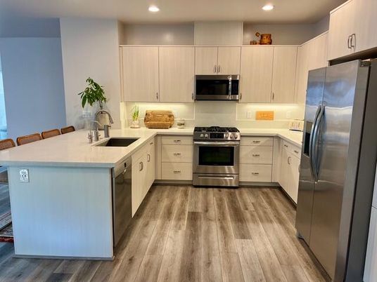 Interior, Kitchen, Recessed Lighting, Stainless Steel Appliances, Wood Texture Flooring