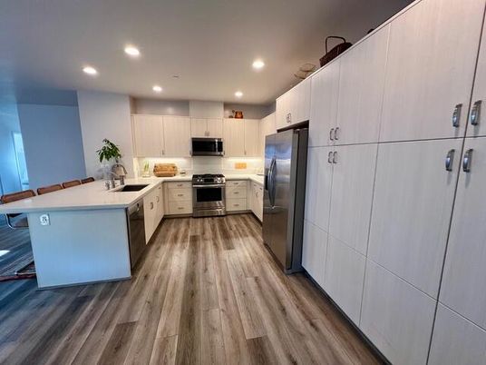 Interior, Kitchen, Recessed Lighting, Stainless Steel Appliances, Wood Texture Flooring