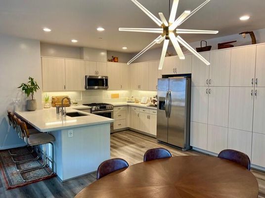 Interior, Kitchen, Recessed Lighting, Stainless Steel Appliances, Wood Texture Flooring