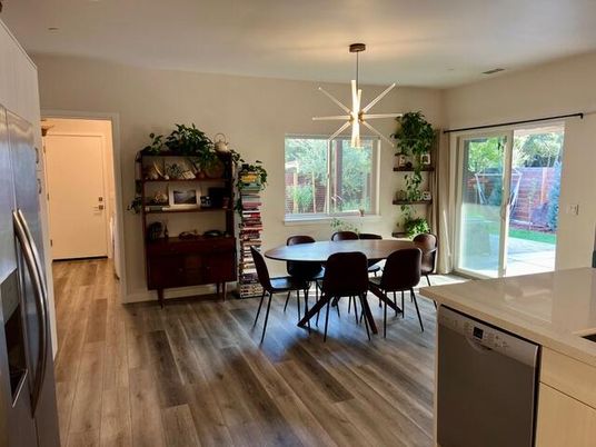 Dining room, Interior, Kitchen, Pendant Lights, Wood Texture Flooring