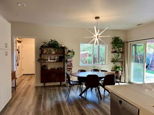 Dining room, Interior, Pendant Lights, Recessed Lighting, Wood Texture Flooring