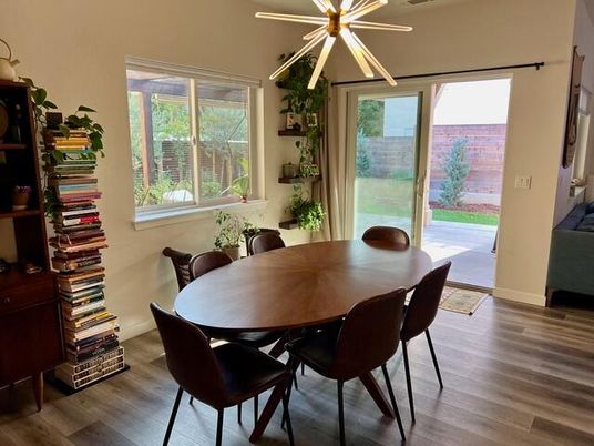 Dining room, Interior, Pendant Lights, Wood Texture Flooring