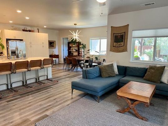 Dining room, Interior, Kitchen, Living room, Pendant Lights, Recessed Lighting, Stainless Steel Appliances, Wood Texture Flooring