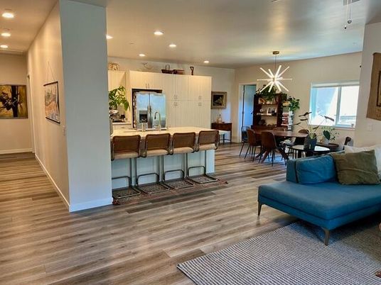 Dining room, Interior, Kitchen, Pendant Lights, Recessed Lighting, Wood Texture Flooring