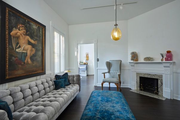 Fireplace, Interior, Pendant Lights, Wood Texture Flooring