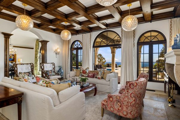Fireplace, Interior, Living room, Pendant Lights, Wooden Beams