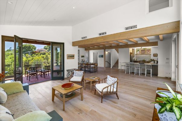 Dining room, Interior, Living room, Recessed Lighting, Wooden Beams, Wood Texture Flooring
