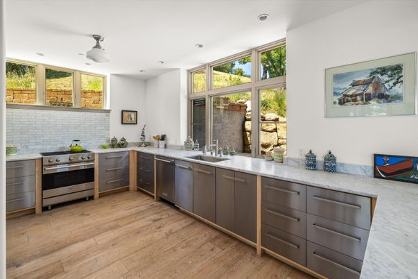 Interior, Kitchen, Recessed Lighting, Stainless Steel Appliances, Wood Texture Flooring