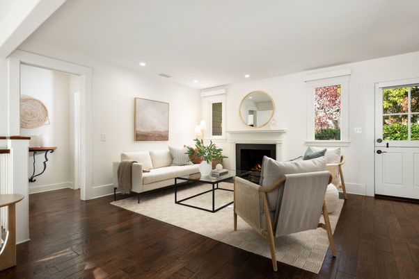 Fireplace, Interior, Living room, Recessed Lighting, Wood Texture Flooring