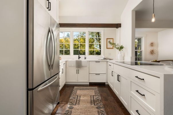 Interior, Kitchen, Pendant Lights, Stainless Steel Appliances, Wood Texture Flooring