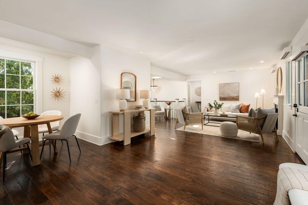 Dining room, Interior, Living room, Recessed Lighting, Wood Texture Flooring