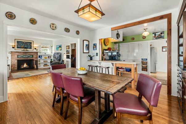 Dining room, Fireplace, Interior, Kitchen, Wood Texture Flooring