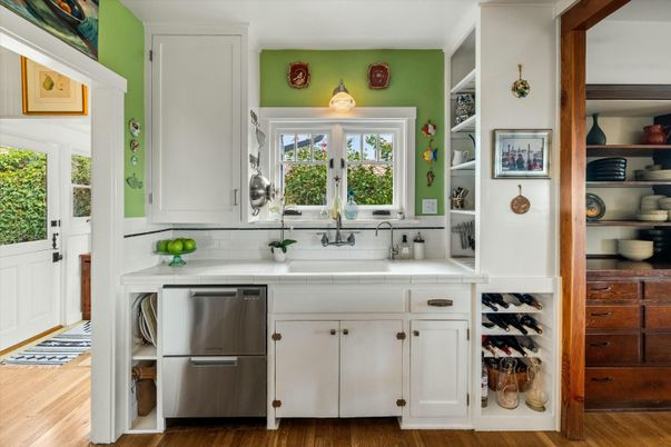 Interior, Kitchen, Tile Countertops, Wood Texture Flooring