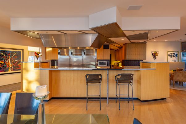 Dining room, Interior, Kitchen, Recessed Lighting, Stainless Steel Appliances, Wood Texture Flooring