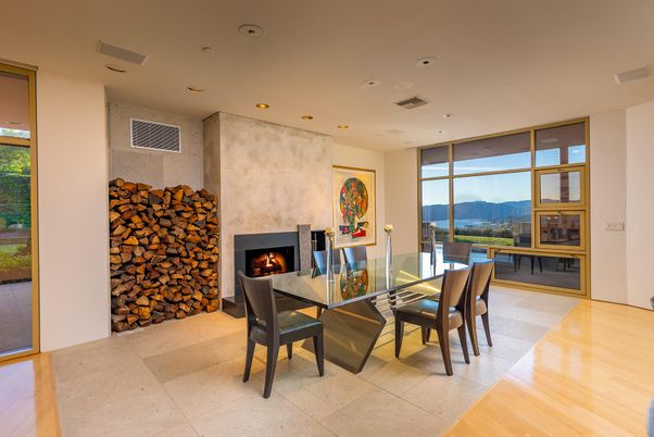 Dining room, Fireplace, Interior, Recessed Lighting