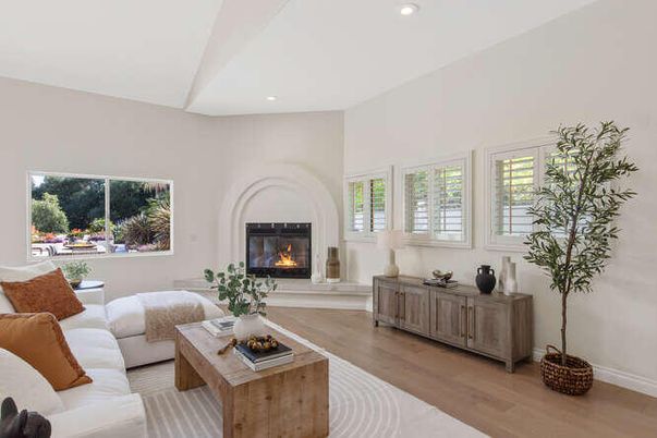 Fireplace, Interior, Living room, Recessed Lighting, Wood Texture Flooring
