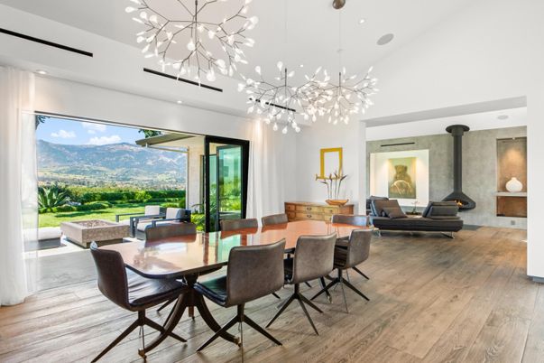Dining room, Fireplace, Interior, Living room, Pendant Lights, Recessed Lighting, Wood Texture Flooring
