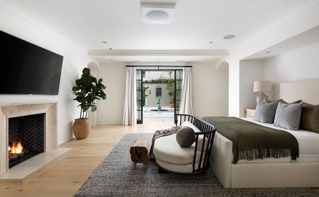 Bedroom, Fireplace, Interior, Recessed Lighting, Wood Texture Flooring