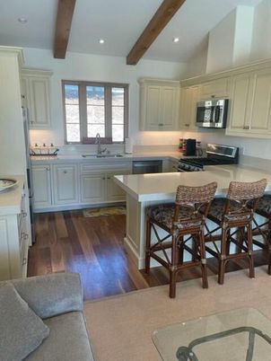 Interior, Kitchen, Recessed Lighting, Stainless Steel Appliances, Wooden Beams, Wood Texture Flooring