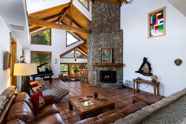 Fireplace, Interior, Living room, Piano, Stone Walls, Wooden Beams