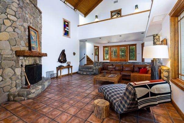 Fireplace, Interior, Living room, Recessed Lighting, Stone Walls, Wooden Beams
