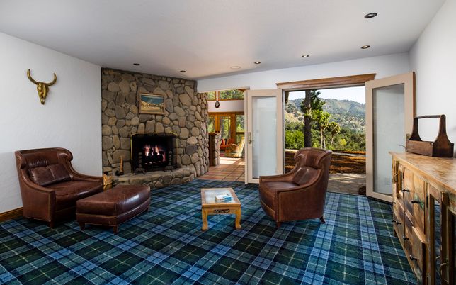 Fireplace, Interior, Living room, Recessed Lighting, Stone Walls