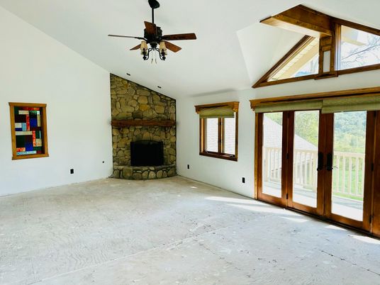 Empty room, Fireplace, Interior, Stone Walls, Wooden Beams