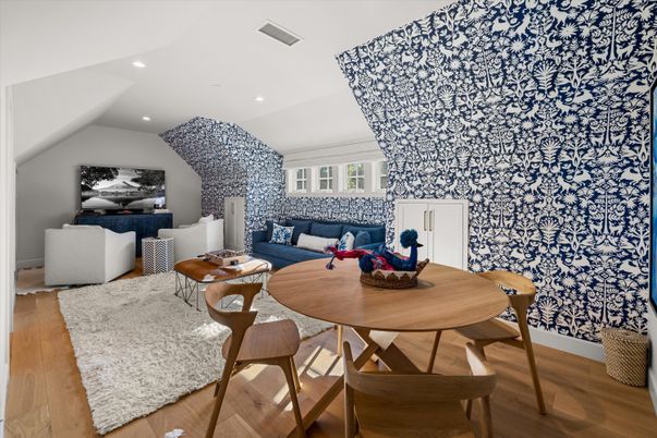 Dining room, Interior, Living room, Recessed Lighting, Wood Texture Flooring