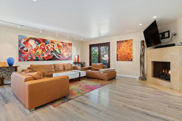 Fireplace, Interior, Living room, Recessed Lighting, Wood Texture Flooring