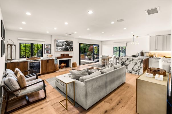 Dining room, Fireplace, Interior, Kitchen, Living room, Pendant Lights, Recessed Lighting, Wood Texture Flooring